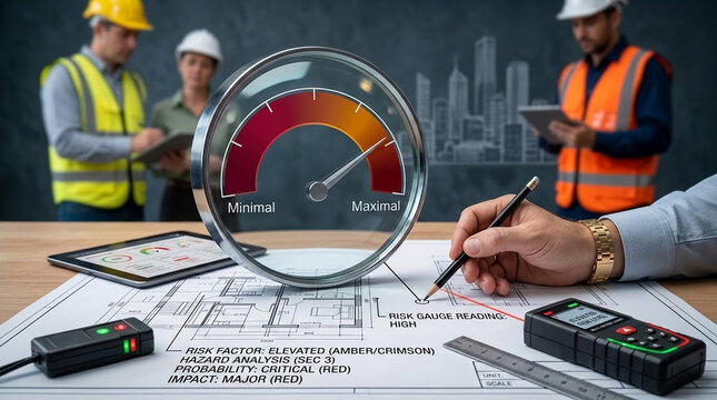 Risk gauge reading high with construction team in background, symbolizing high risk assessment for business and industry projects