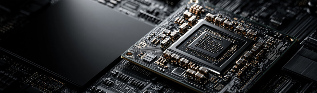 Central Processing Unit on Motherboard: A close-up, macro shot of a complex computer motherboard.