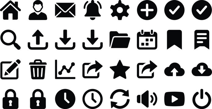 Web user interface UI and email application icon silhouette collection set featuring black minimalist symbols for home user settings upload download security and cloud isolated on white background