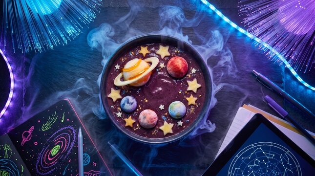Cosmic Solar System Galaxy Smoothie Bowl on Student Desk Back to School Stock Photo