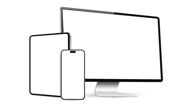 Desktop computer, tablet pc and mobile phone screen mockup. Digital device elements isolated on white background.