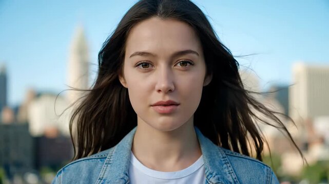 Close-up of an outdoor women's denim jacket, youth in the city wind