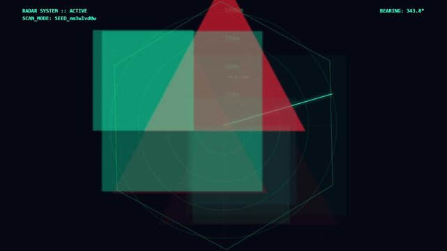 Abstract geometric composition with overlapping translucent shapes and glowing lines on dark background