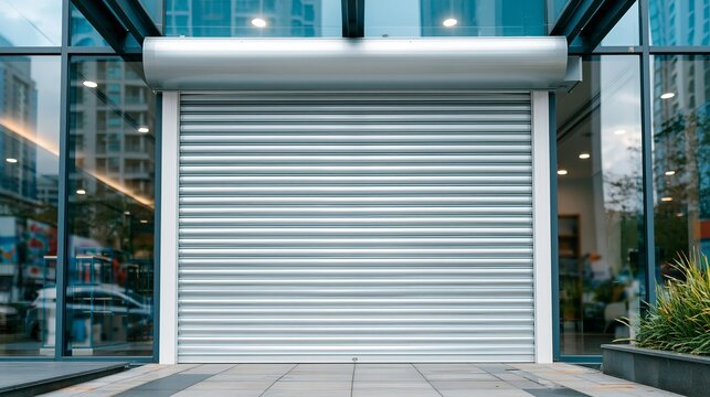 A modern metallic roller shutter door installed on a storefront facade with glass windows reflecting the surrounding urban city buildings