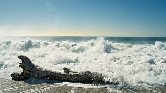 Large turquoise ocean wave breaking with white foam and spray, rolling over a weathered driftwood log on a sunny sandy beach.