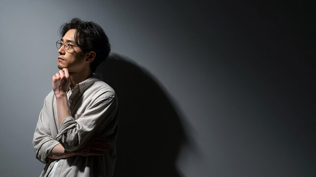 Contemplation in Shadow: A man with glasses sits in a thought-provoking pose, his gaze directed upwards as he ponders, bathed in dramatic lighting that casts a strong shadow.