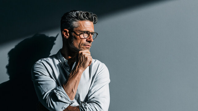 Contemplative Man: A pensive middle-aged man with salt-and-pepper hair and glasses, wearing a light blue shirt, stands in thoughtful pose, his hand on his chin, bathed in dramatic shadow and light.