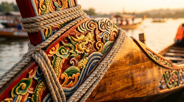 The graceful prow of a dragon boat in the warm evening light. A traditional carved boat detail with a rope at sunset.
Concept: A handmade boat for a festival, a cultural detail of the golden hour.