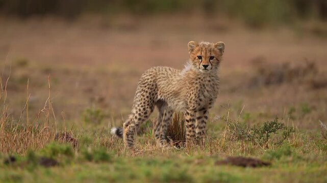 Young Cheetah Cub Standing Alert in African Savannah Grassland