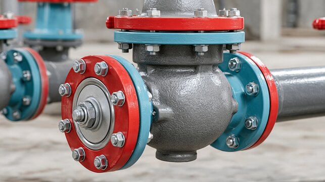 Heavy industrial steel valve with red and blue painted flanges connected to metallic pipes in a large manufacturing facility interior