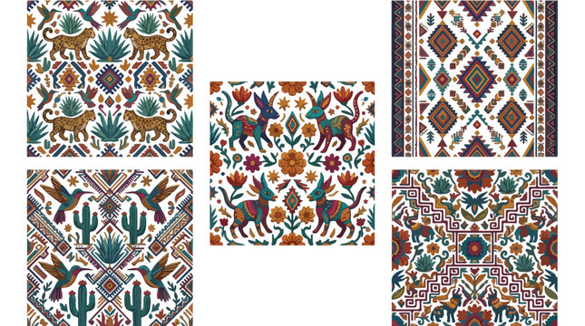 Mexican Oaxaca textile pattern set featuring traditional folk art illustrations of jaguars hummingbirds cacti and alebrijes in vibrant ethnic embroidery style