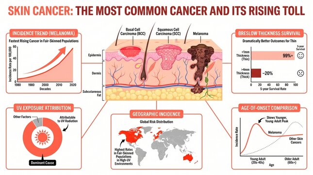 Skin cancer disease statistics chart with melanoma incidence and survival