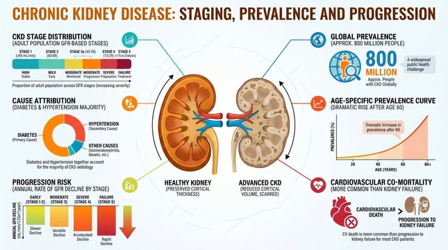 Chronic kidney disease statistics chart with staging, prevalence and progression