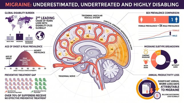 Migraine neurological disease statistics chart with prevalence and disability