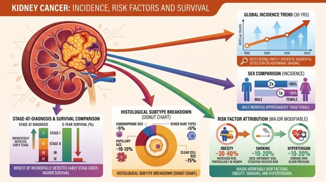 Kidney cancer disease statistics chart with incidence and risk factors