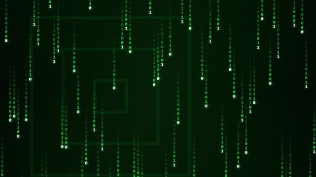Digital rain of binary code falling through abstract square grids