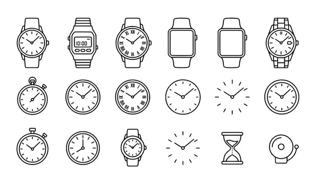Wristwatch minimal line icon set with clock and time vector symbols for stores