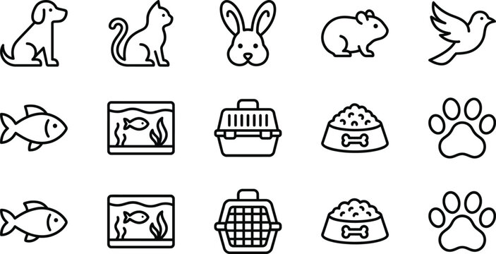 Black line icons of various pets and pet accessories