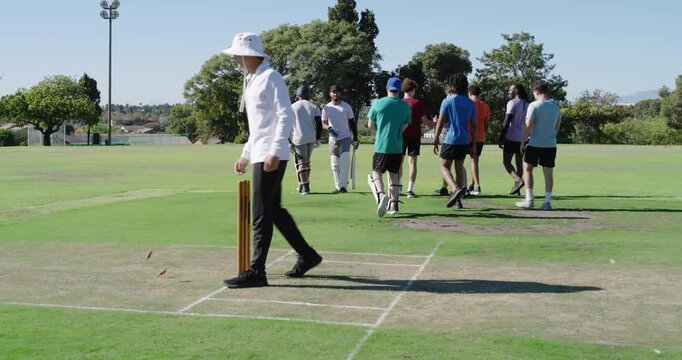 Umpire removing bail to end match, diverse male cricketers shaking hands, exiting pitch