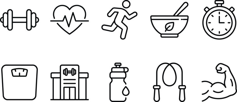 Black line icons of fitness and exercise