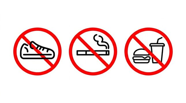 Prohibition signs for no smoking, no vaping, and no drinking alcohol in public areas.