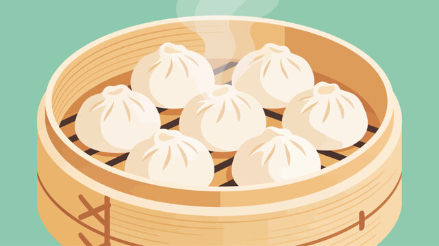 Delicious Chinese steamed dumplings baozi served in a traditional wooden bamboo steamer basket illustration on a teal background