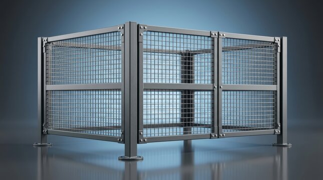 Industrial machine safety barrier 3D render, reinforced protective framework, machinery guarding structure, workplace safety barrier for industrial equipment