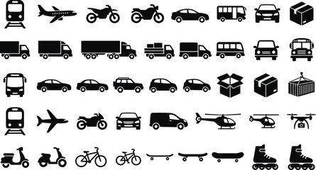 Logistics shipping and transportation vehicle icon collection set featuring black silhouettes of trucks train airplane cars bus motorcycle drone and delivery boxes isolated on white background © Kuddus