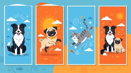 Fototapeta premium Collection of Four Vertical Flat Illustrations Featuring Dogs and a Cat, with Sunny and Cloudy Backgrounds, Fish Motifs, and Stars