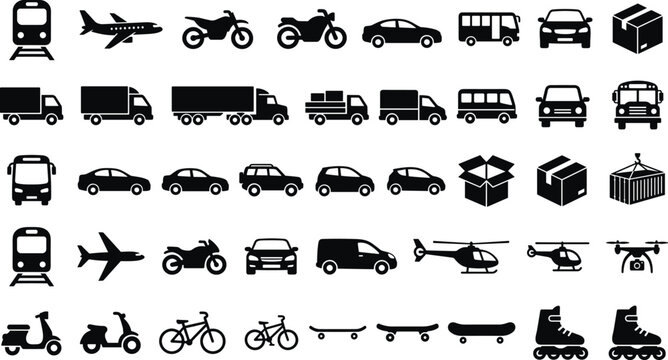 Logistics shipping and transportation vehicle icon collection set featuring black silhouettes of trucks train airplane cars bus motorcycle drone and delivery boxes isolated on white background