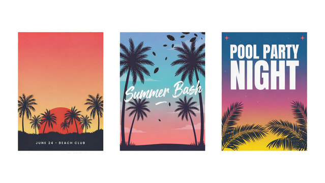 Vibrant summer party poster templates with tropical palm trees at sunset &mdash; seasonal event and nightlife concept