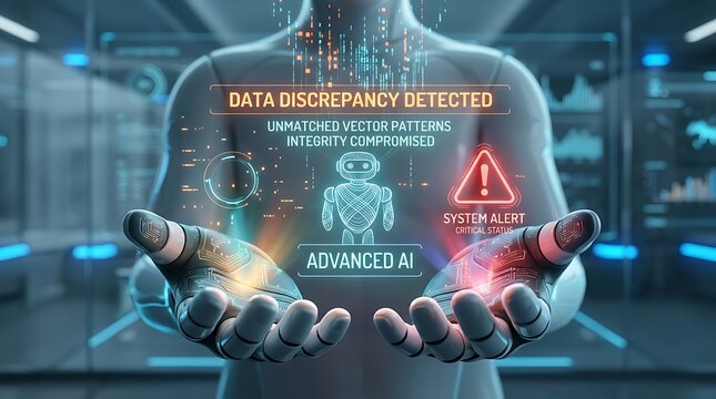 Advanced artificial intelligence robot interface showing data discrepancy detected and unmatched patterns with a critical system alert warning