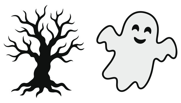 Spooky dead tree silhouette and a cute friendly ghost isolated on white background
