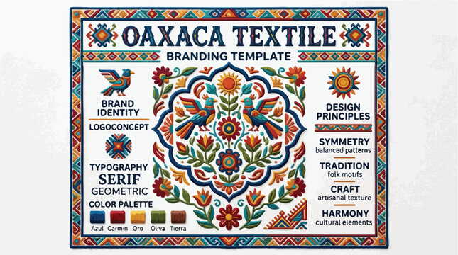 Traditional Oaxaca textile branding template with Mexican folk art patterns featuring birds flowers and geometric embroidery motifs for cultural design identity