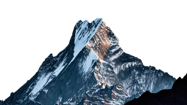 Jagged snow-capped mountain peak with rocky slopes, isolated on transparent background