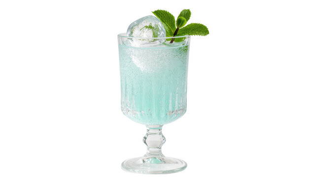 Refreshing blue cocktail with ice and mint garnish, isolated on transparent background