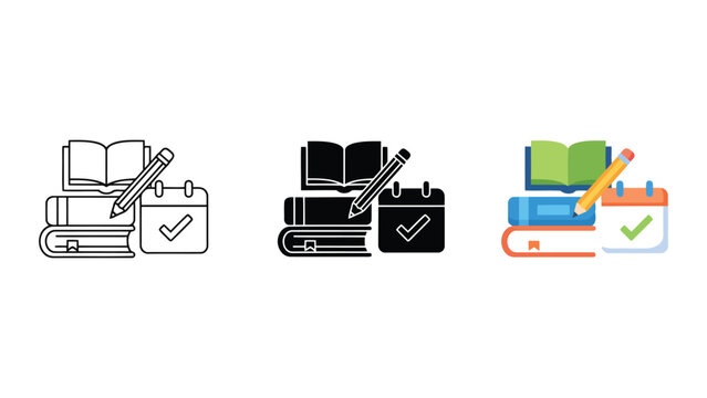 Open book with pencil and calendar showing check mark for study schedule and academic planning in flat line and solid icon design for educational software and productivity apps