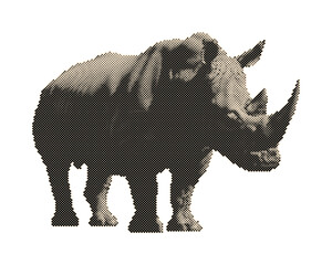 Vintage retro halftone black rhinoceros vector illustration with circle dots pattern isolated on white background © Scenic Vault 