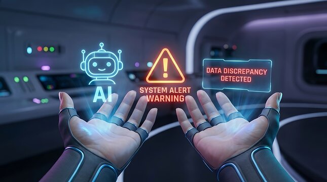 Futuristic augmented reality interface showing an artificial intelligence robot with a system alert warning and data discrepancy detected message