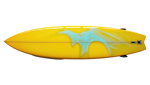 Bright yellow surfboard with blue abstract design, isolated on transparent background