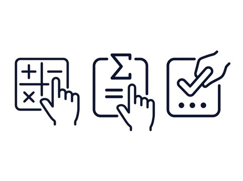 Fingers interact with digital icons representing calculation, data, and confirmation.