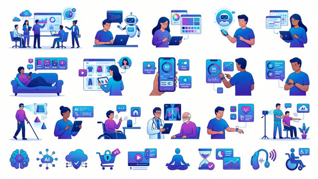 Human-Centered AI Ecosystem Vector Illustration Set &ndash; People Collaborating with Intelligent Assistants in Futuristic Digital Workflow Systems