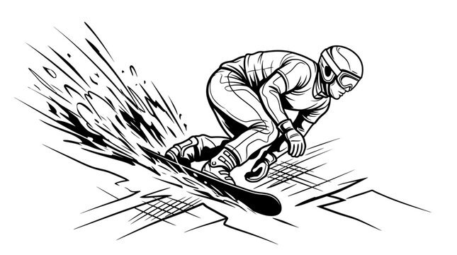 Dynamic snowboarder making a sharp turn, spraying snow on a slope, isolated white background.