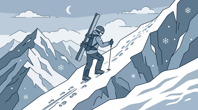 Determined mountaineer on a ski tour ascending a snowy mountain under a moonlit sky, outdoor adventure vector illustration.