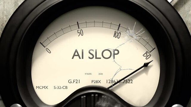 Ai slop meter showing big levels of ai slop. Dangerously increasing high values of ai slop, critical overload. Too much, off the charts. Max ai slop