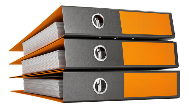 Stack of three gray binders with orange inserts and white paper