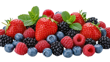 Obraz premium Fresh strawberries blueberries raspberries, and blackberries with mint leaves