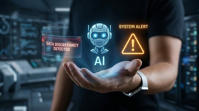 Person holding a holographic display showing an artificial intelligence robot with a system alert and data discrepancy detected notification text