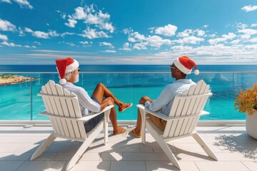 Obraz premium Two men wearing Santa hats relax on a balcony overlooking a turquoise ocean on vacation