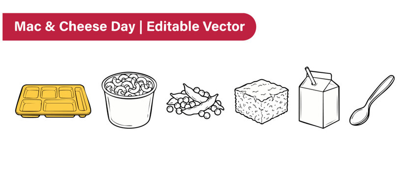 School lunch food icons set featuring macaroni and cheese cup, yellow cafeteria tray, peas in pod, cornbread slice, milk carton and plastic spoon. Minimalist line art vector icons on white background.